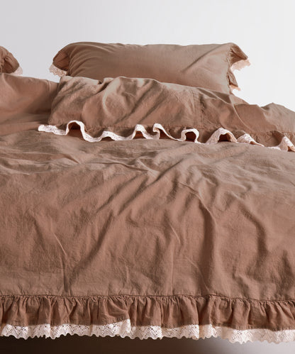 Textured stonewashed cotton fabric in Wood Smoke Brown breathable duvet cover set UK