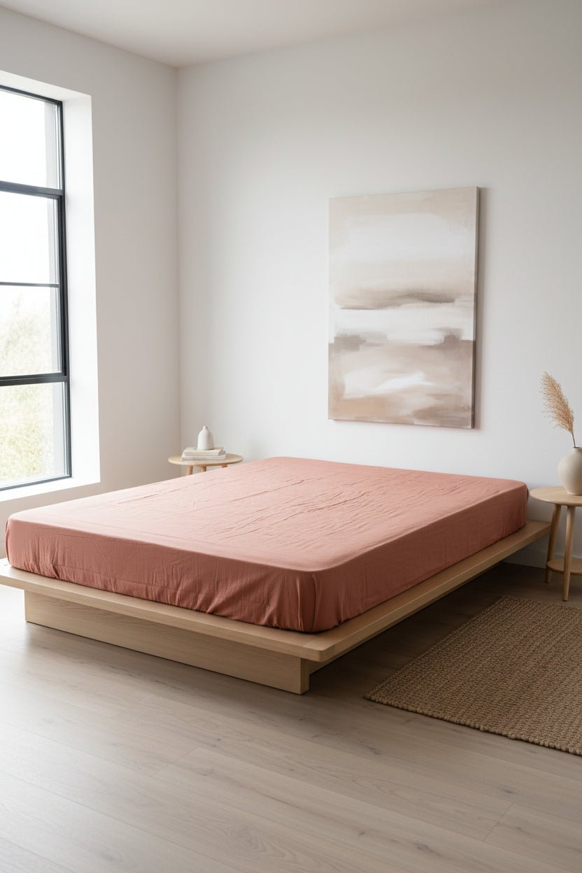 Stonewashed 100% cotton fitted sheet in warm Autumn tone, featuring a soft, relaxed texture and secure elastic fit. Available in UK sizes from Single to Emperor with deep pocket options for modern mattresses.