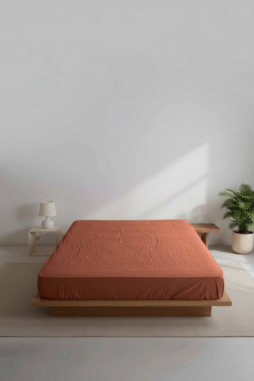 Stonewashed 100% cotton fitted sheet in Cinnamon Stick colour, offering a naturally soft, breathable feel. Designed for UK mattresses with deep pocket options up to 40 cm for a secure, comfortable fit.