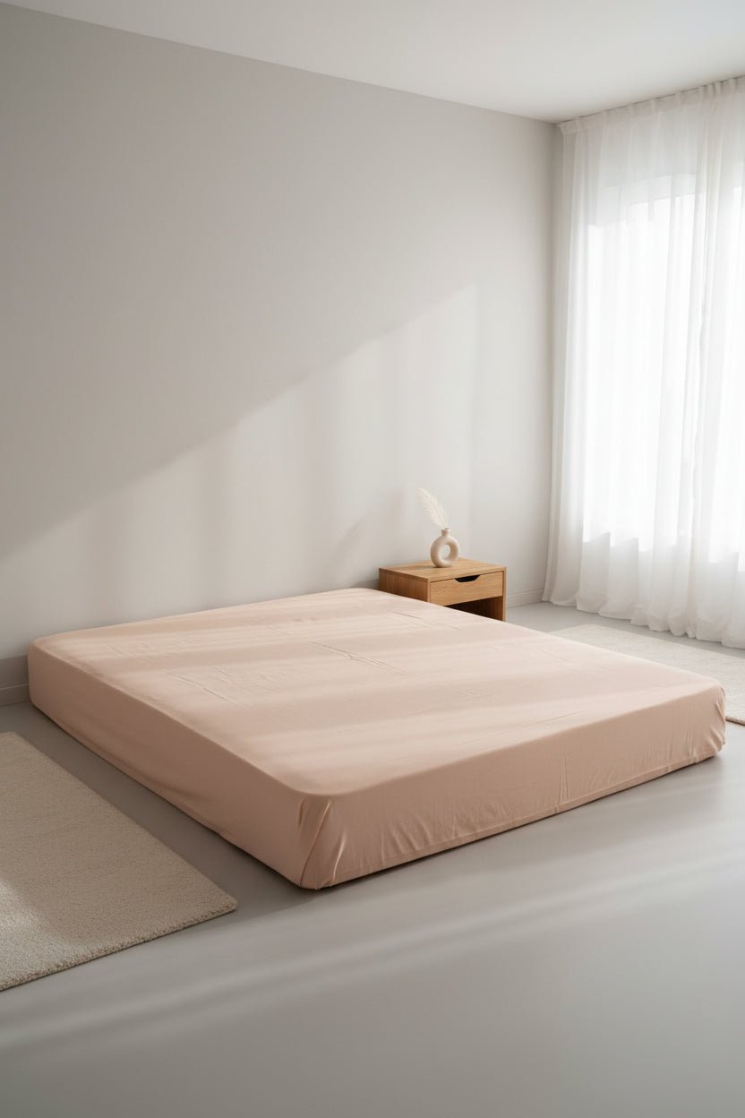 Stonewashed 100% cotton fitted sheet in med beige, styled on a modern bed. Soft, breathable natural cotton with a relaxed stonewashed finish, designed to fit UK mattresses securely.