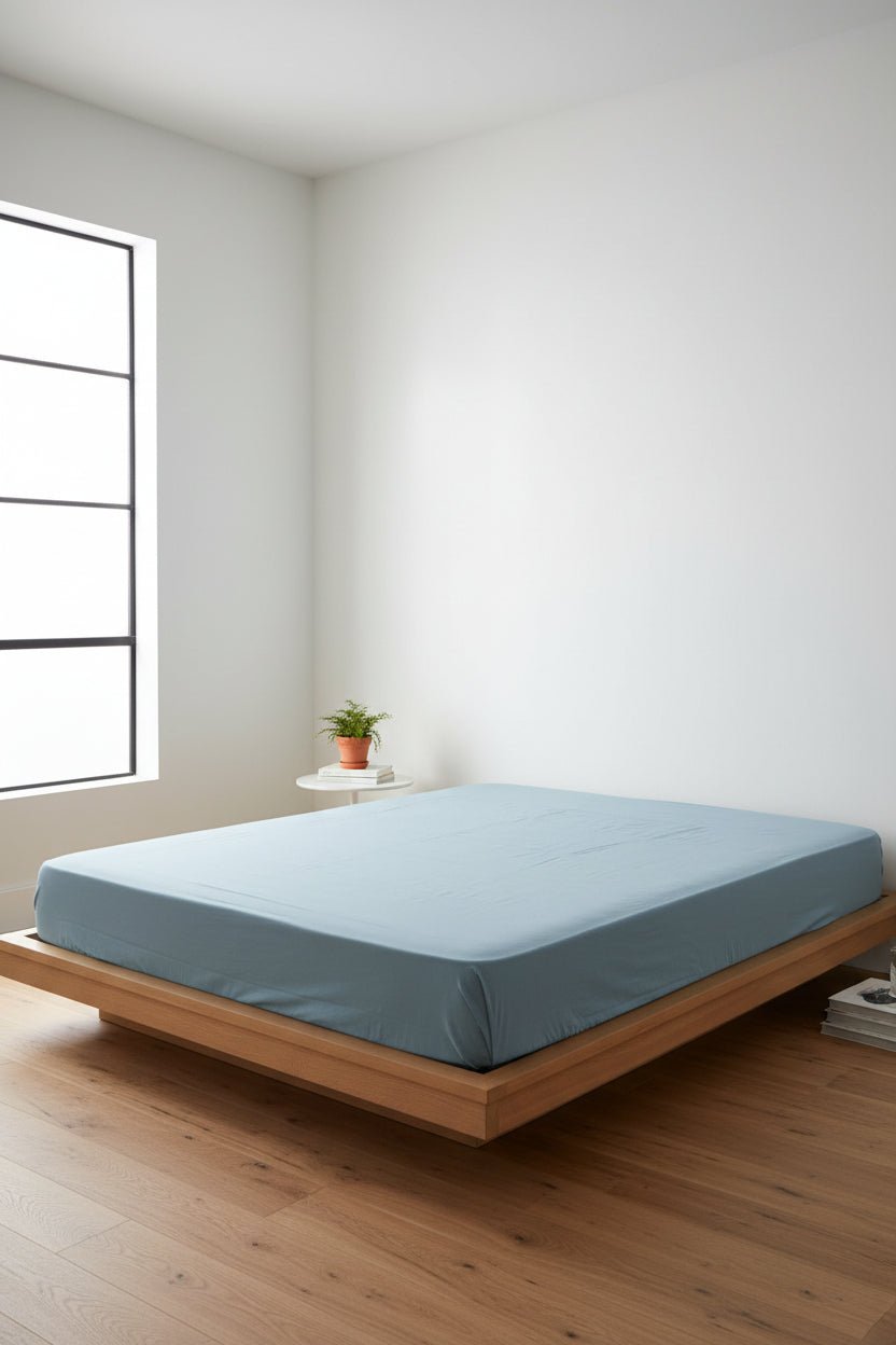 Stonewashed 100% cotton fitted sheet in Mineral Blue, styled on a modern wooden bed. Soft, breathable fabric with a relaxed finish, designed to fit UK mattresses with deep pocket options.