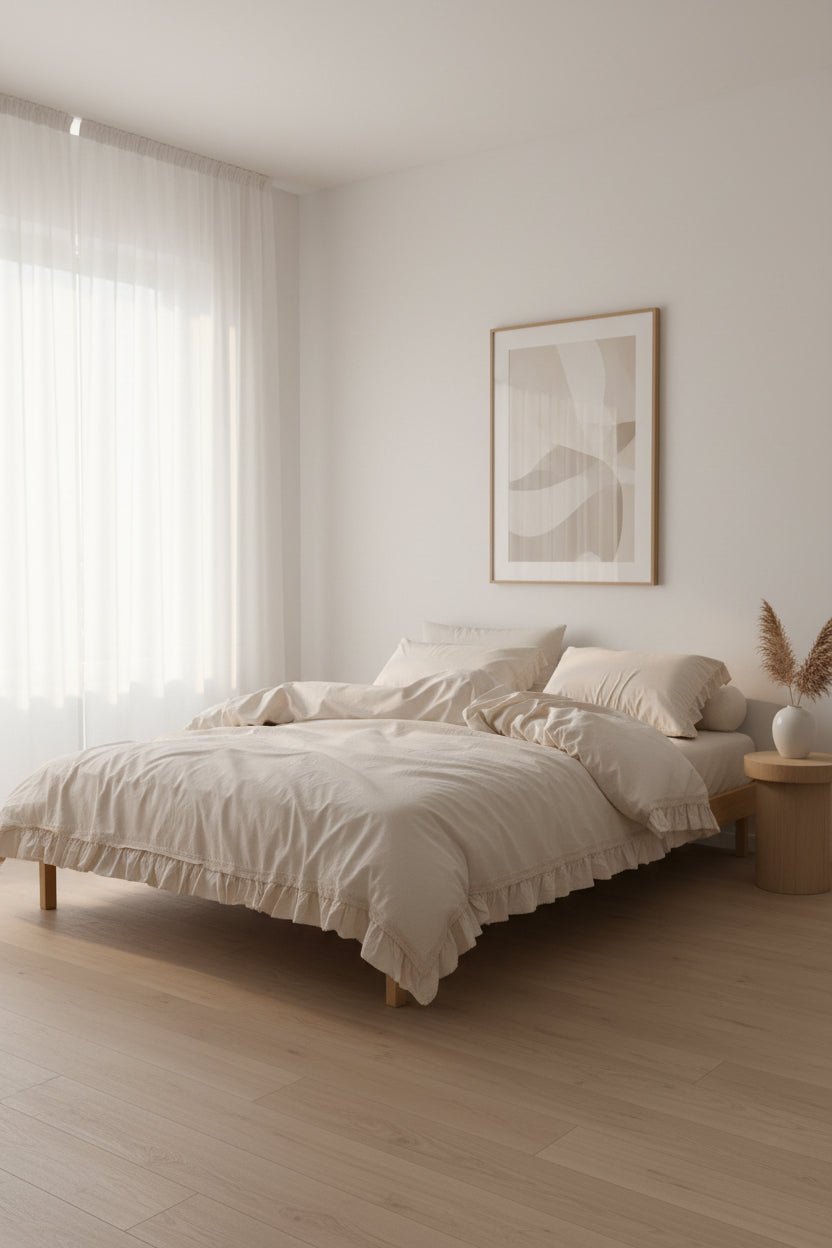 Close-up of the stonewashed 100% cotton fabric in natural cream, showcasing the soft texture, delicate ruffled edges and premium craftsmanship for everyday comfort and durability.