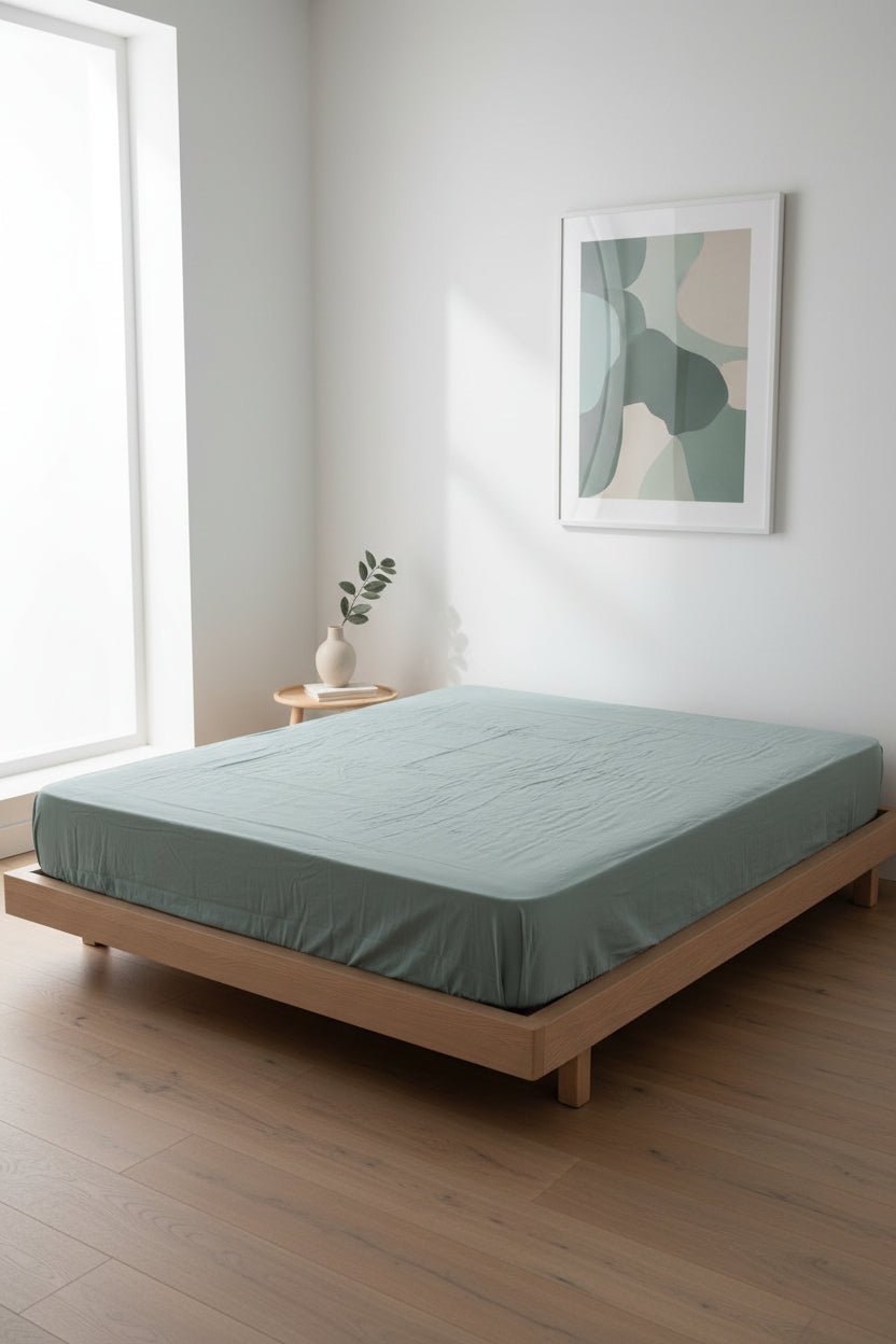Stonewashed 100% cotton fitted sheet in Natural Green. Soft, breathable and naturally textured, designed for UK mattresses with deep fit options up to 40 cm.