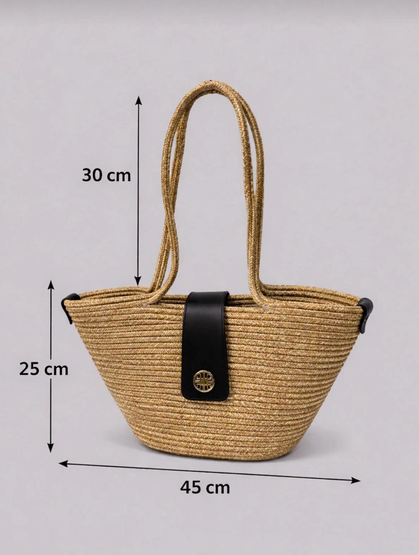 Boho Straw Style Magnetic Closure Natural Shoulder Bag - Navy &amp; Natural