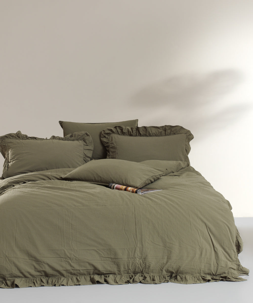 Exclusive Stonewashed 100% Cotton Duvet Cover Set - Capulet Olive