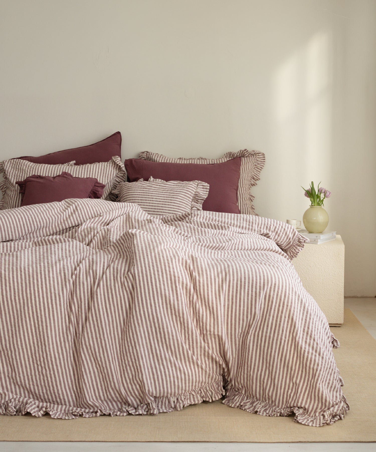 Raspberry Striped&Ruffled 100% Soft Cotton Duvet Cover Set - Garmentwashed | Limasso
