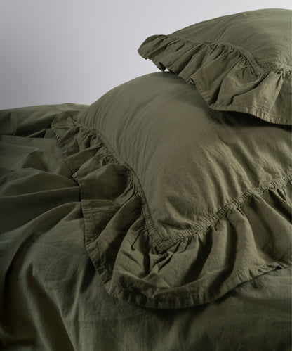 Button closure detail on stonewashed cotton duvet cover set by Limasso London
