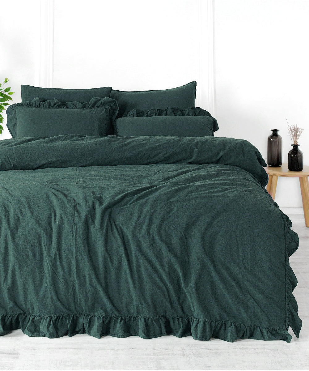 Exclusive Stonewashed 100% Cotton Duvet Cover Set - Dark Green