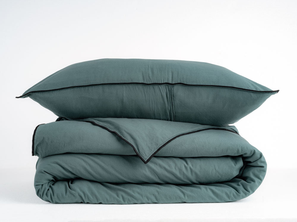 Essualte Dark Green 100% Cotton Stonewashed Duvet Cover Set