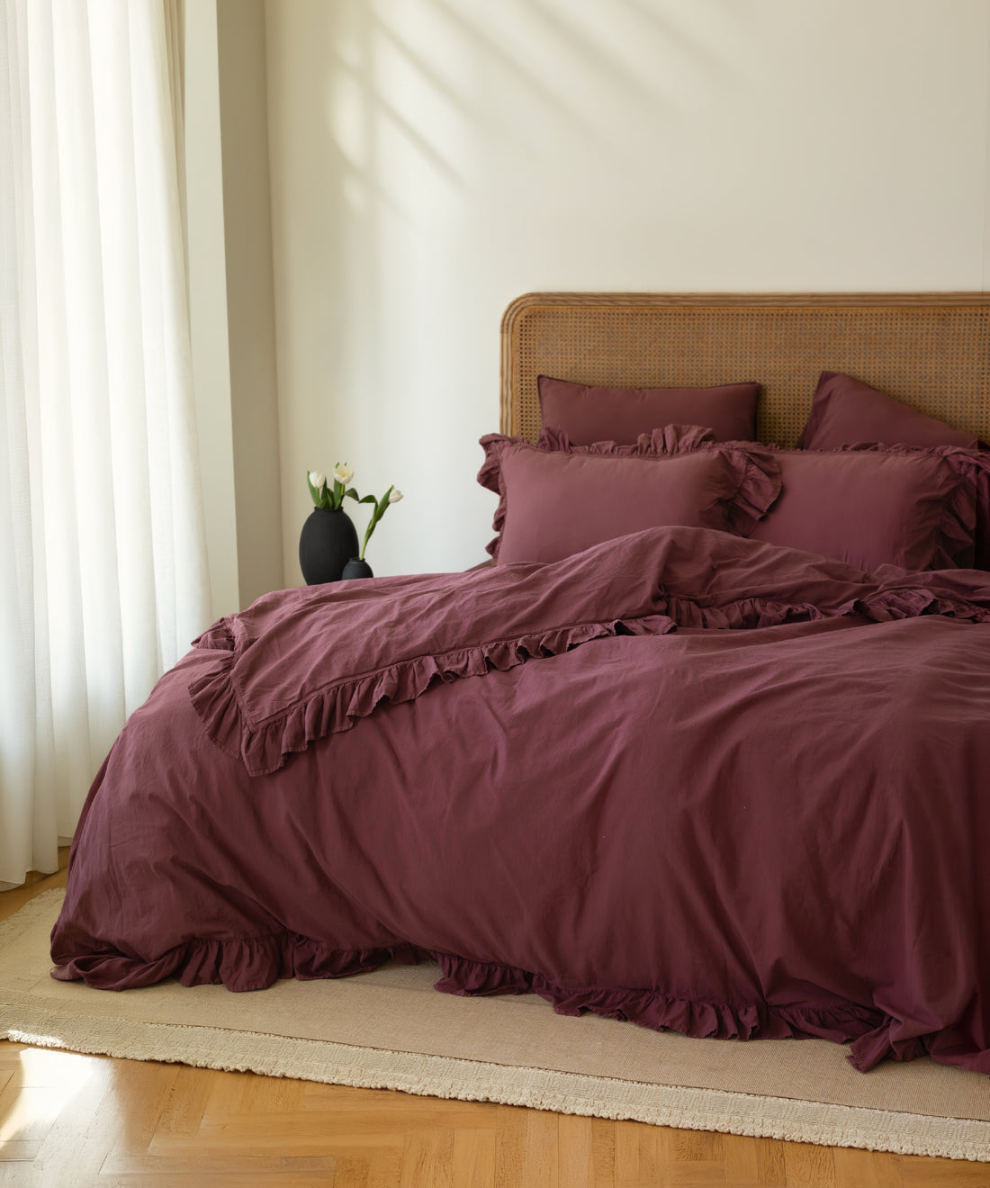 Stonewashed Exclusive 100% Soft Cotton Ruffled Duvet Cover Set Raspberry
