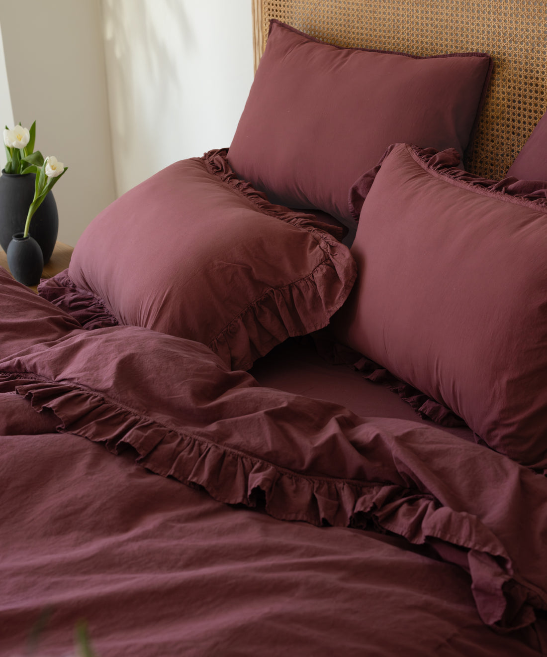 Stonewashed Exclusive 100% Soft Cotton Ruffled Duvet Cover Set Raspberry