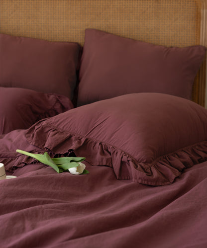 Stonewashed Exclusive 100% Soft Cotton Ruffled Duvet Cover Set Raspberry