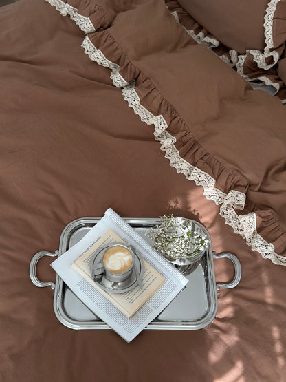 Dora Wood Smoke Ruffle Lace 100% Cotton Duvet Cover Set – Stonewashed | Limasso
