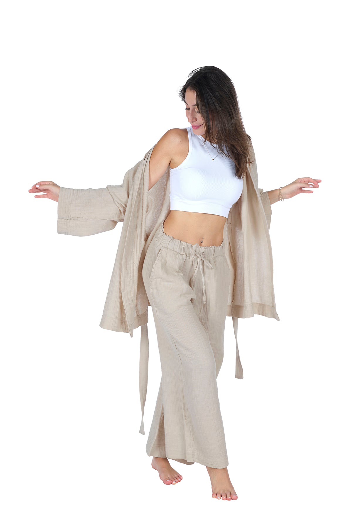 Loungewear Single Trousers (Elastic and Pocket) – 100% Cotton Crepe Muslin (GAUZE) Comfortable Fit Home Wear - Beige