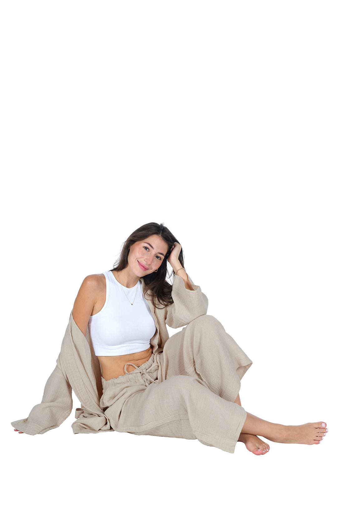 Loungewear-Einzelhose (Gummizug und Tasche) – 100 % Baumwoll-Krepp-Musselin (GAUZE), bequeme Passform, Homewear – Beige