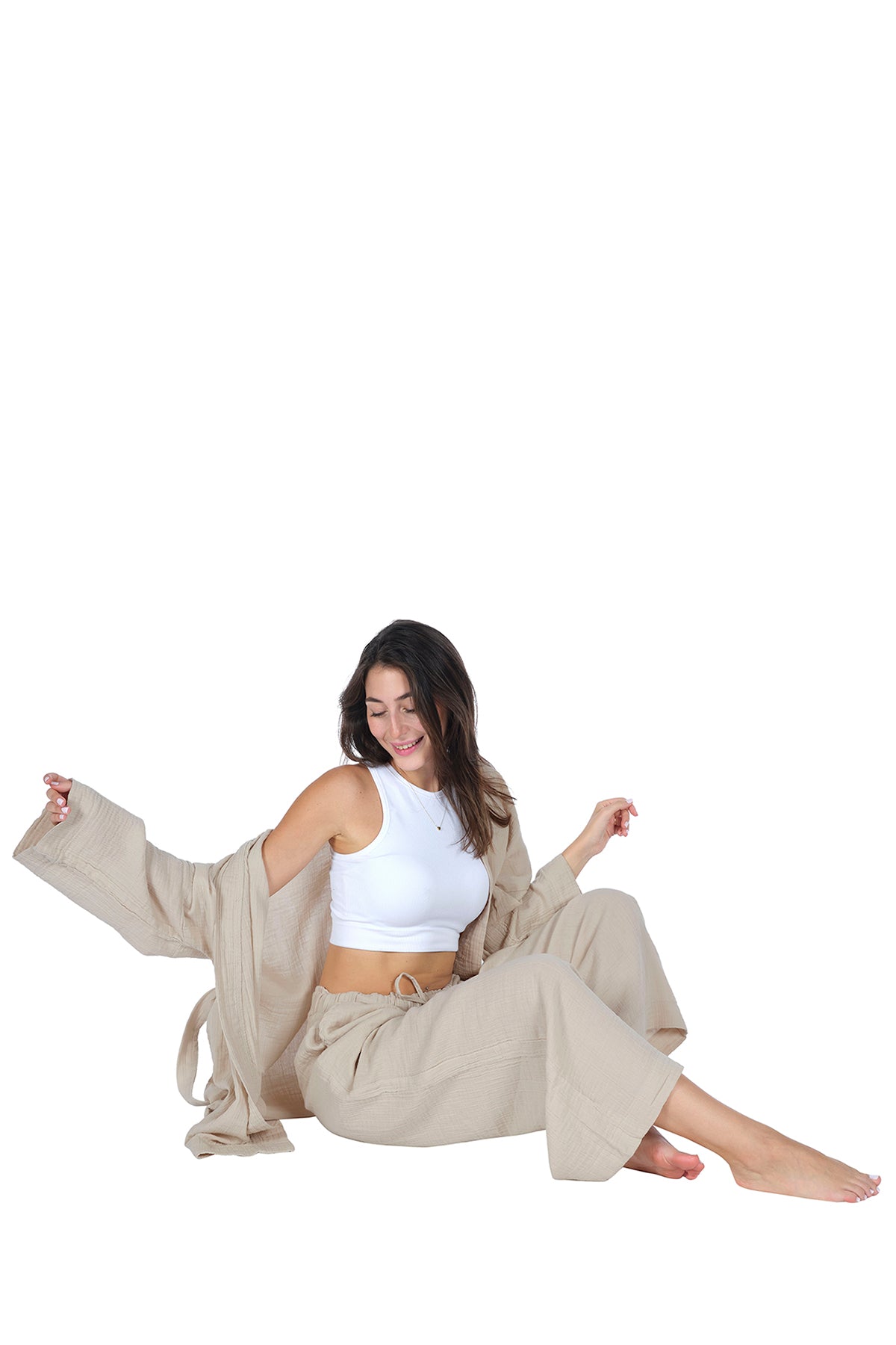 Loungewear-Einzelhose (Gummizug und Tasche) – 100 % Baumwoll-Krepp-Musselin (GAUZE), bequeme Passform, Homewear – Beige