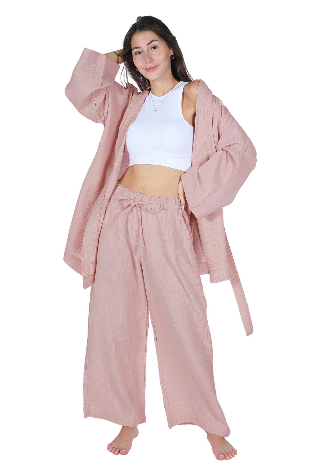 Loungewear Single Kimono – 100% Cotton Crepe Muslin(GAUZE) Comfortable Home Wear - Rosa