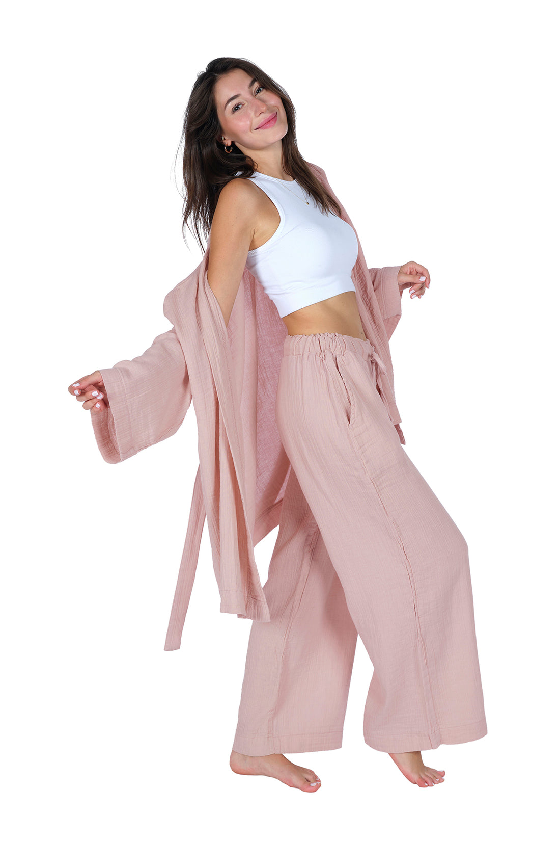 Loungewear-Einzelkimono – 100 % Baumwollkrepp-Musselin (GAUZE), bequeme Homewear – Rosa