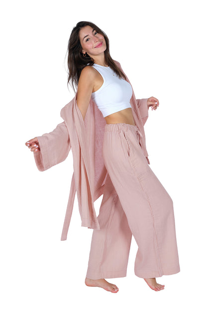 Loungewear-Einzelhose (Gummizug und Tasche) – 100 % Baumwoll-Krepp-Musselin (GAUZE), bequeme Passform, Homewear – Rosa