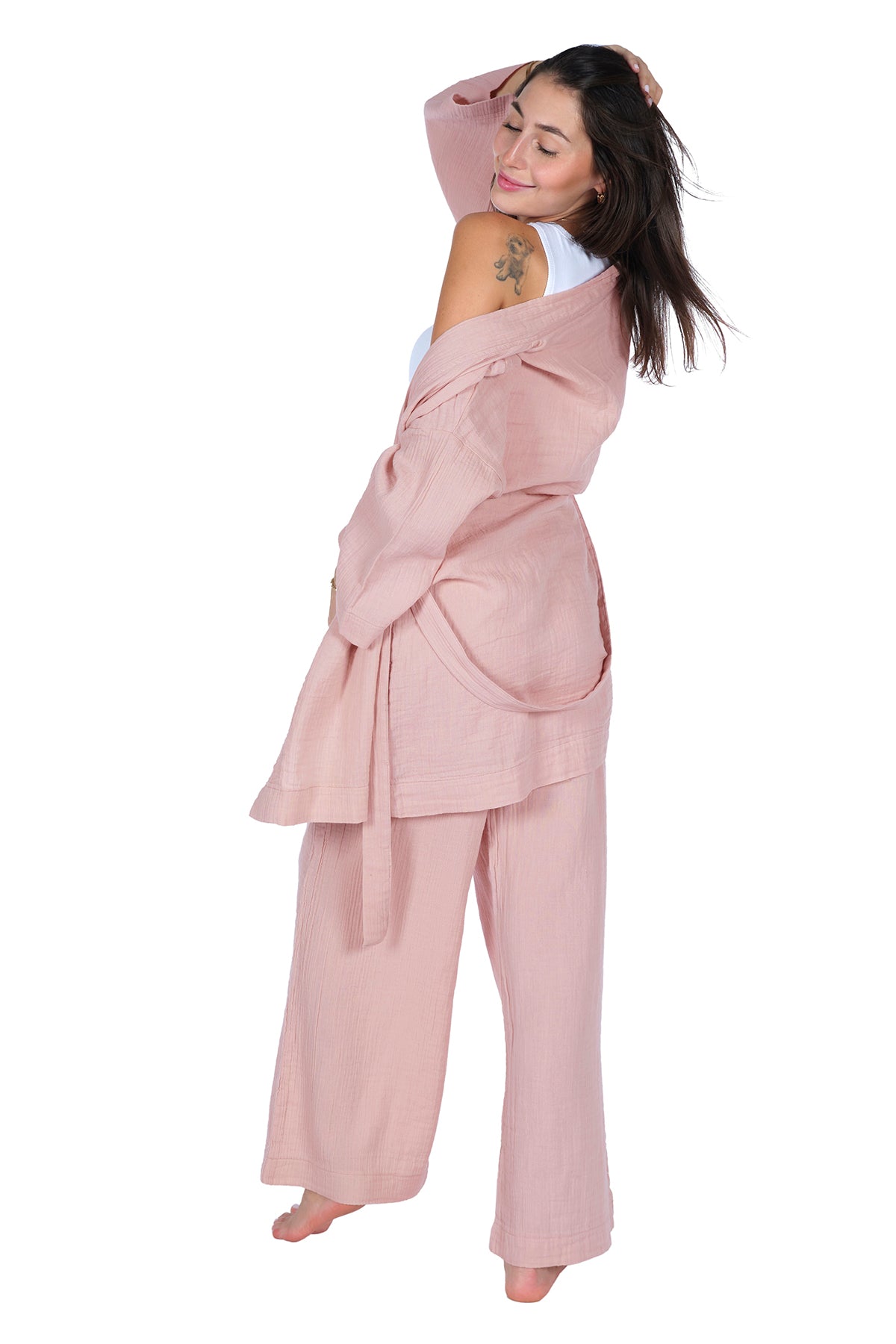 Loungewear Single Kimono – 100% Cotton Crepe Muslin(GAUZE) Comfortable Home Wear - Rosa