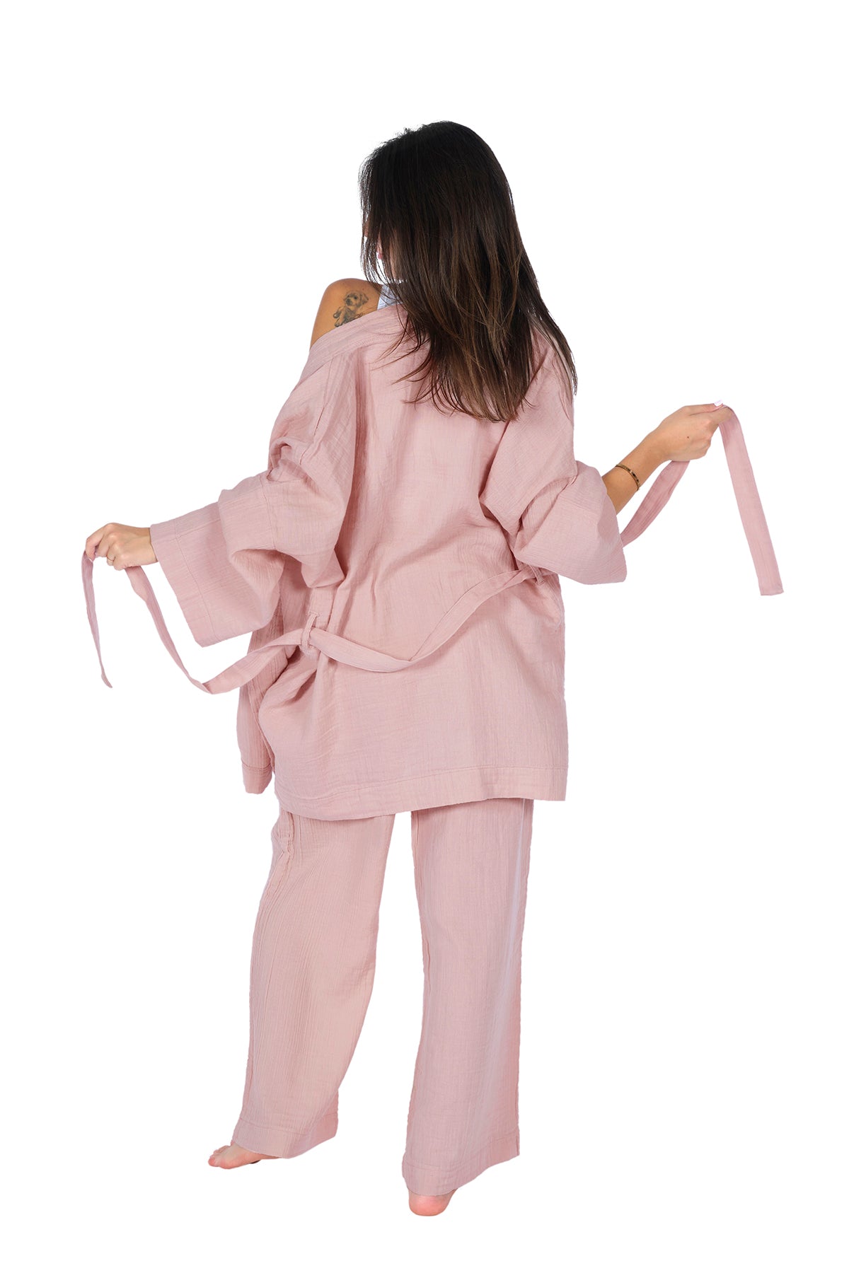 Loungewear Single Kimono – 100% Cotton Crepe Muslin(GAUZE) Comfortable Home Wear - Rosa