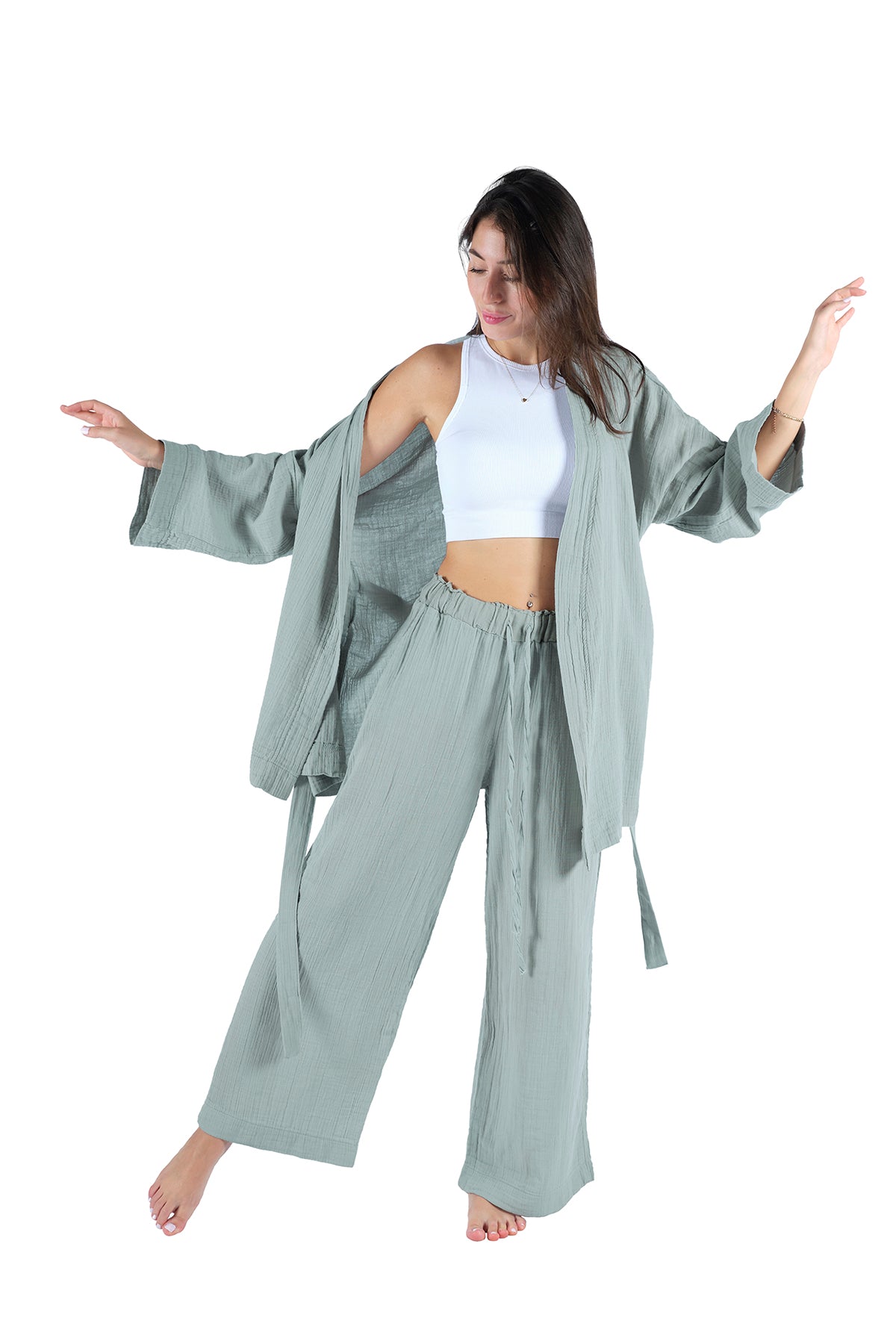 Loungewear Single Kimono – 100% Cotton Crepe Muslin(GAUZE) Comfortable Home Wear - Mint