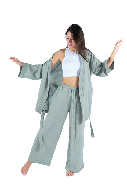 Loungewear-Einzelkimono – 100 % Baumwollkrepp-Musselin (GAUZE), bequeme Homewear – Minze