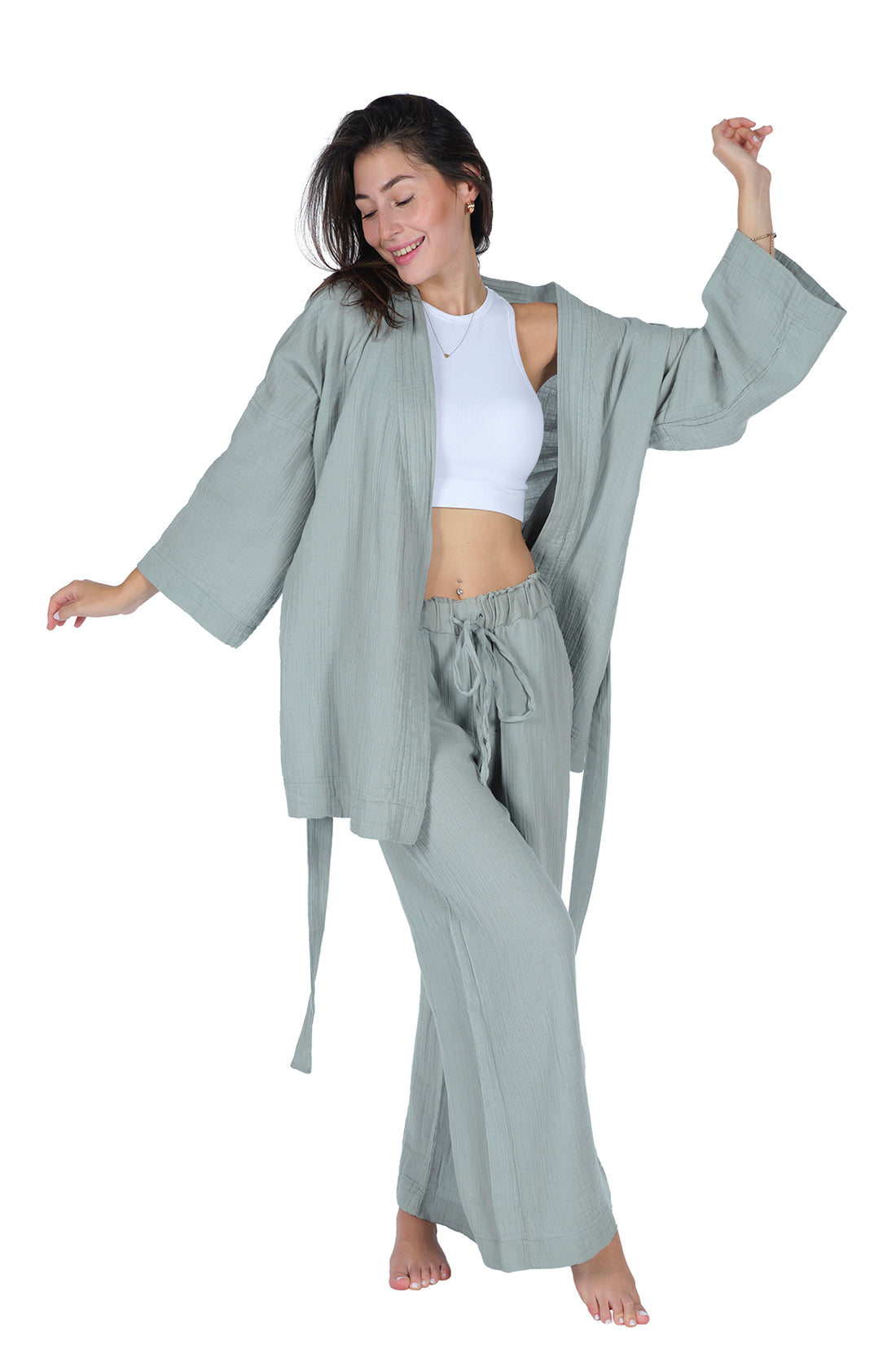 Loungewear-Einzelkimono – 100 % Baumwollkrepp-Musselin (GAUZE), bequeme Homewear – Minze