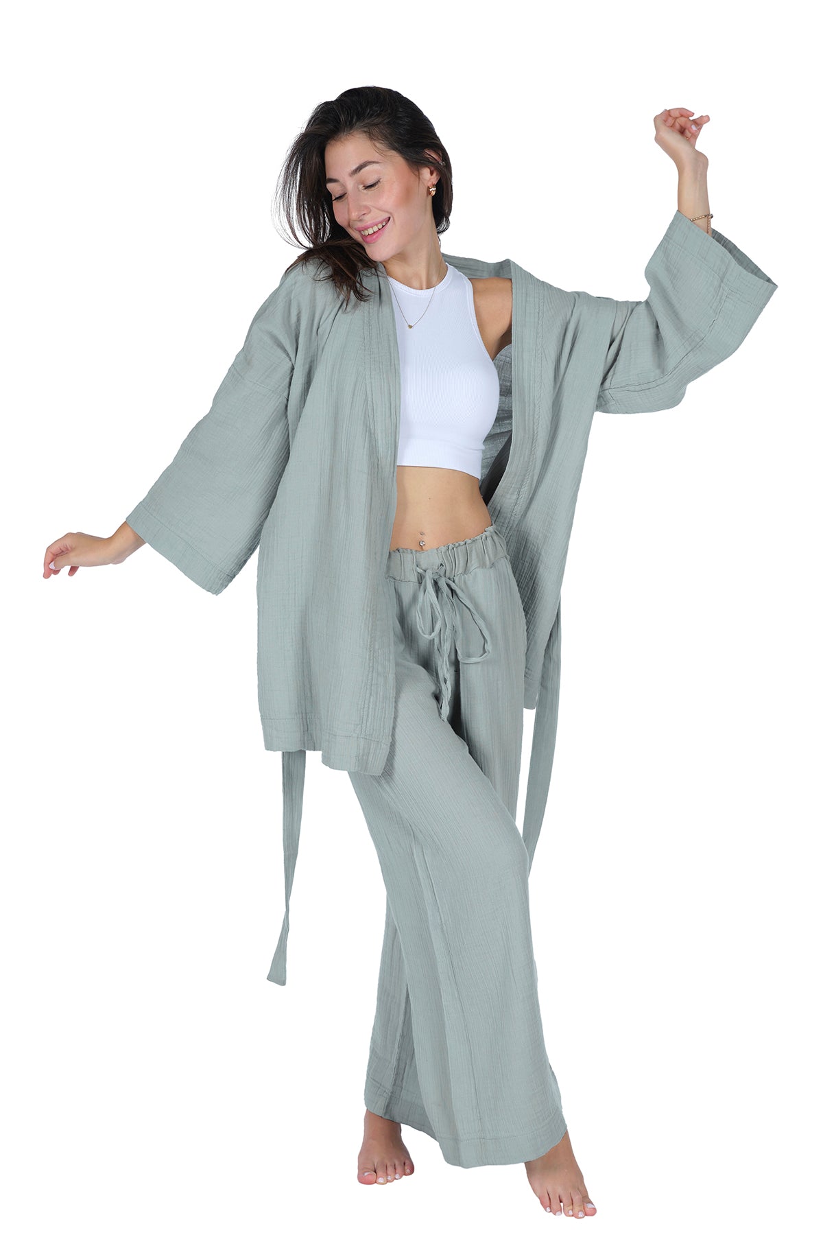 Loungewear Single Kimono – 100% Cotton Crepe Muslin(GAUZE) Comfortable Home Wear - Mint