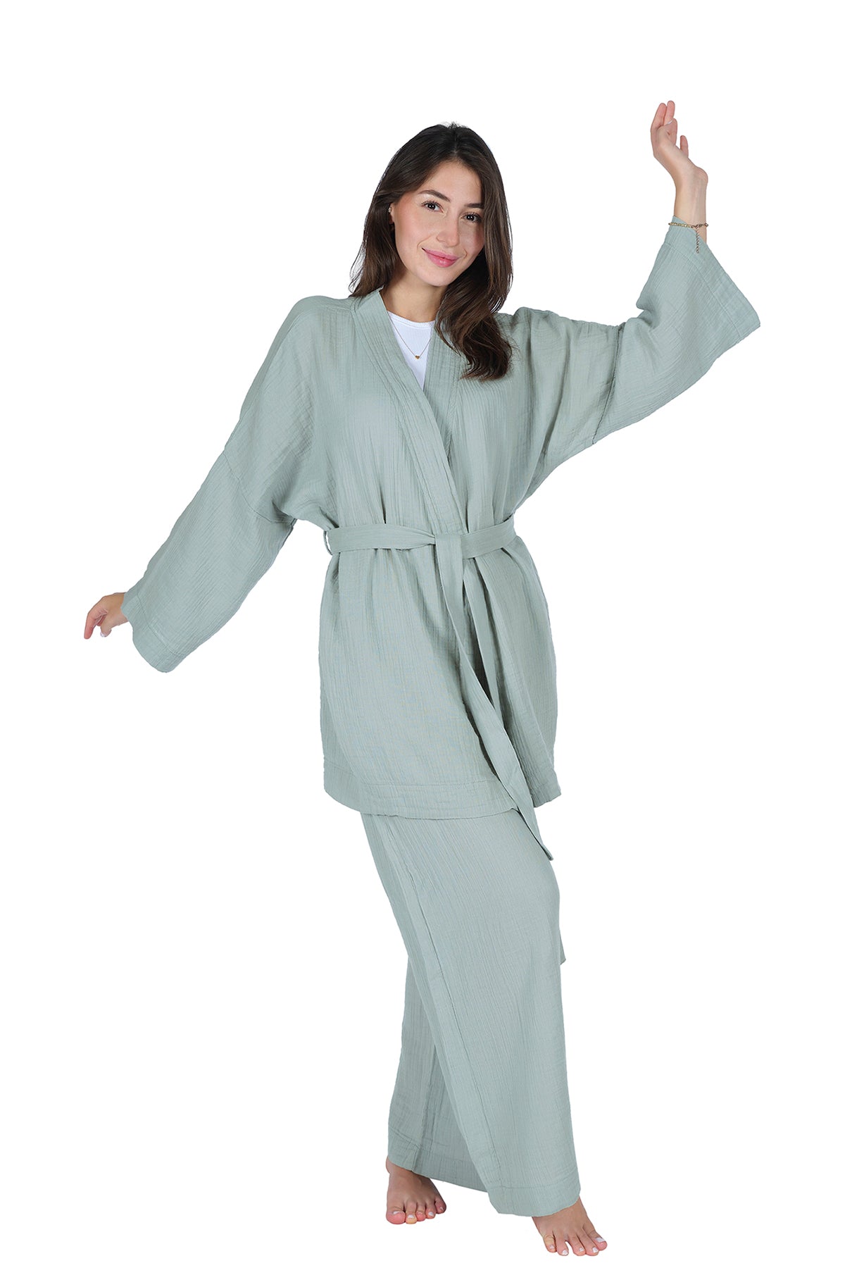 Loungewear-Einzelkimono – 100 % Baumwollkrepp-Musselin (GAUZE), bequeme Homewear – Minze