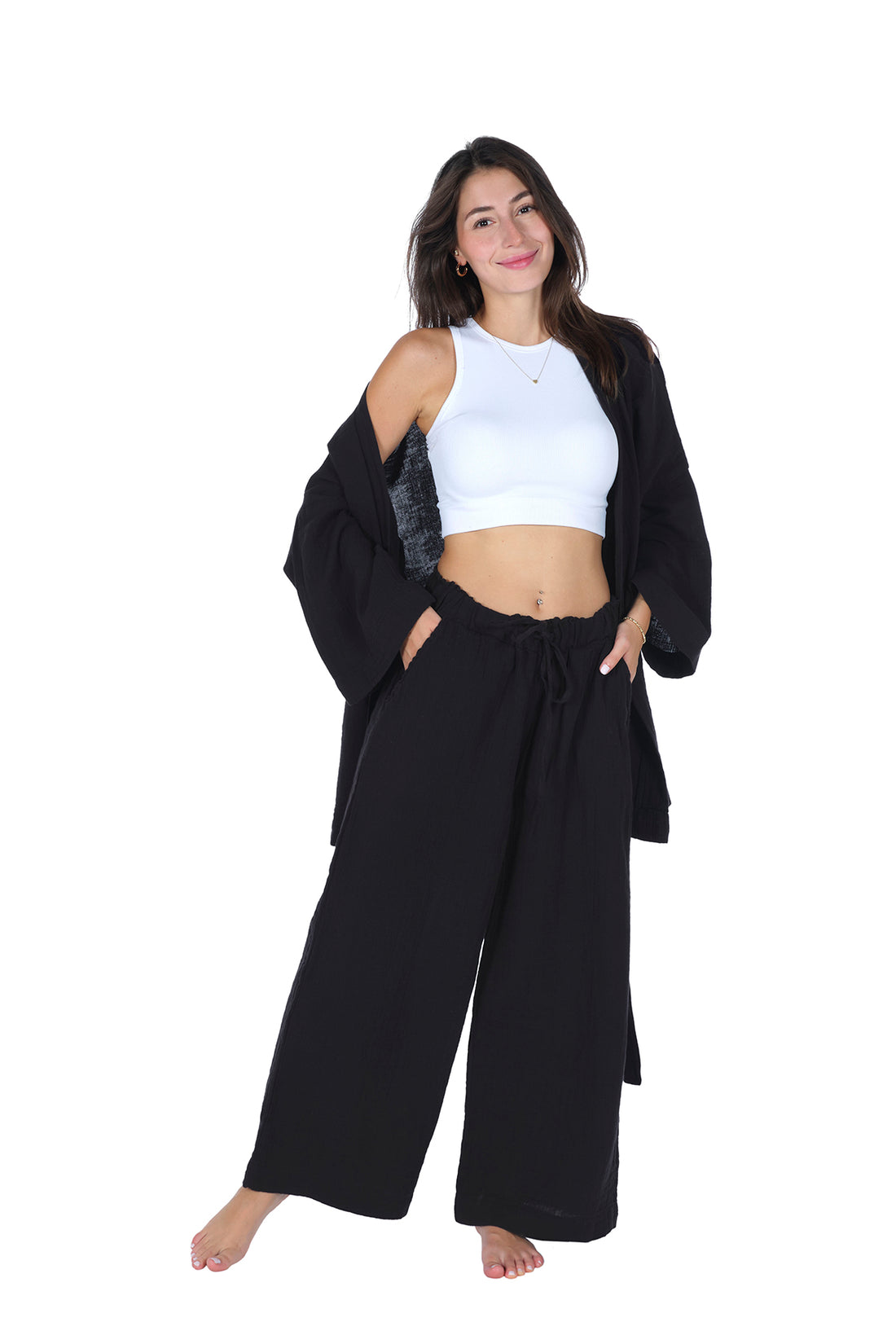 Loungewear Single Kimono – 100% Cotton Crepe Muslin(GAUZE) Comfortable Home Wear - Black