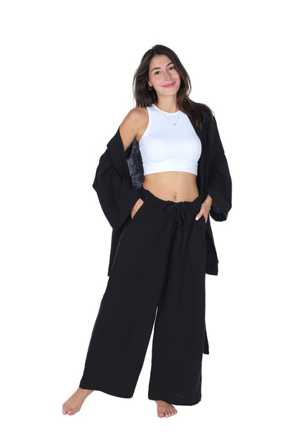 Loungewear-Einzelkimono – 100 % Baumwollkrepp-Musselin (GAUZE), bequeme Homewear – Schwarz