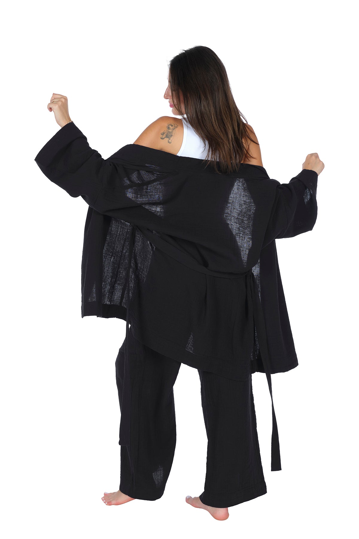 Loungewear Single Kimono – 100% Cotton Crepe Muslin(GAUZE) Comfortable Home Wear - Black