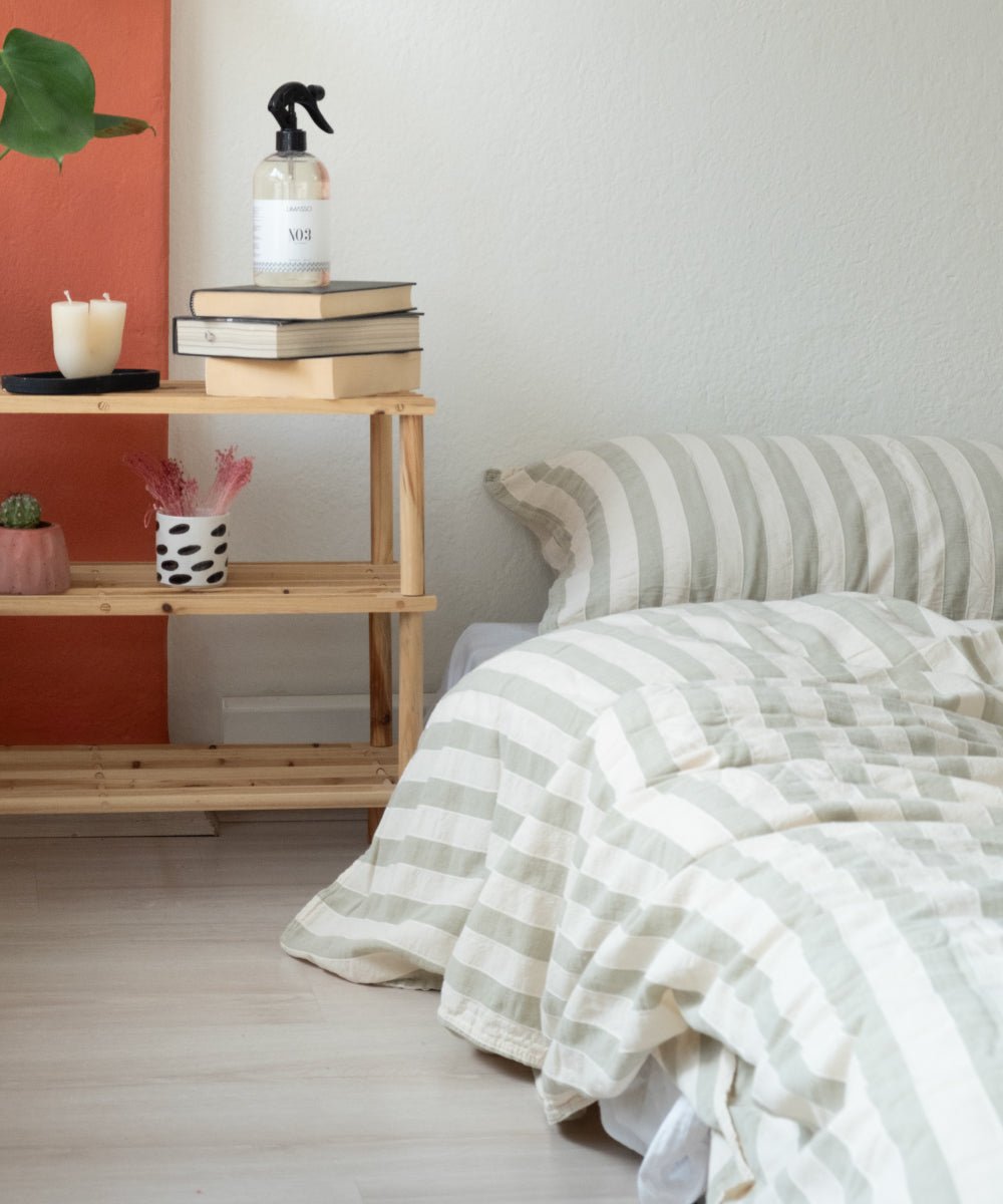 Garmenwashed Green Wood 100% cotton duvet cover set with natural green stripes, breathable soft cotton bedding by Limasso