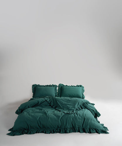 Luxury dark green cotton duvet cover set with breathable stonewashed texture