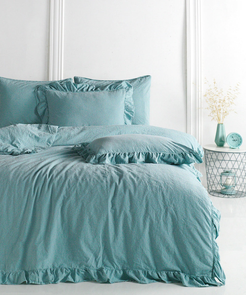 Exclusive Stonewashed 100% Cotton Duvet Cover Set - Mineral Blue