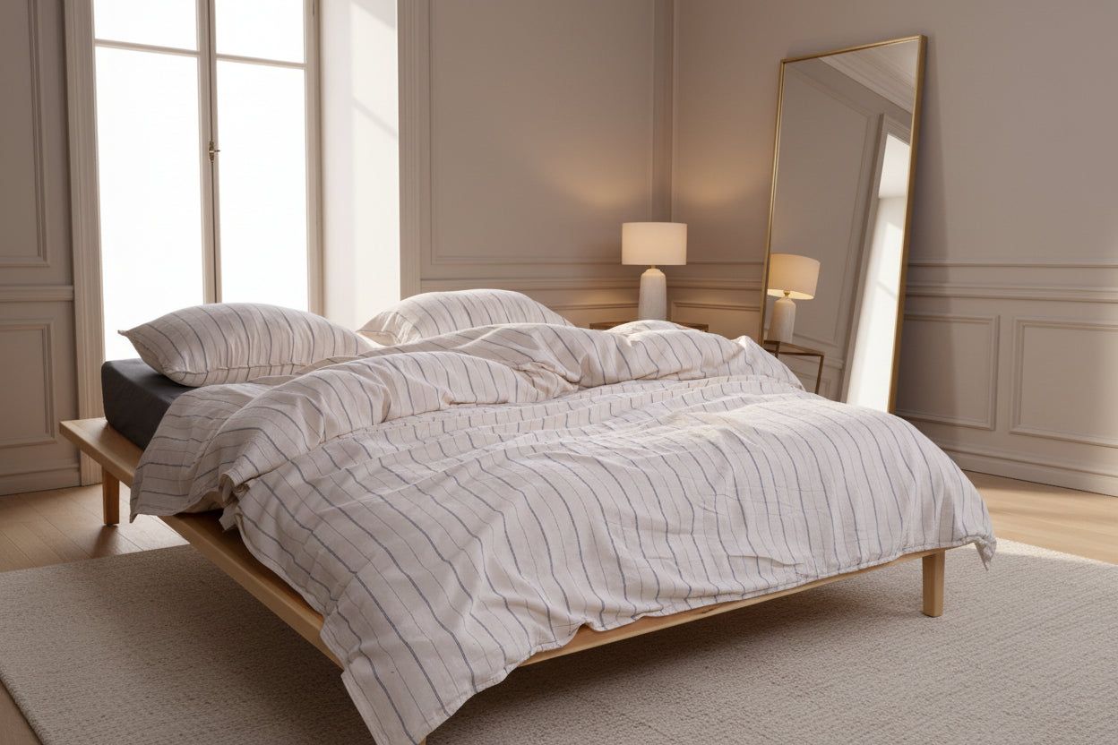 Natural cotton duvet cover set in cream and navy stripes creating calm UK bedroom atmosphere