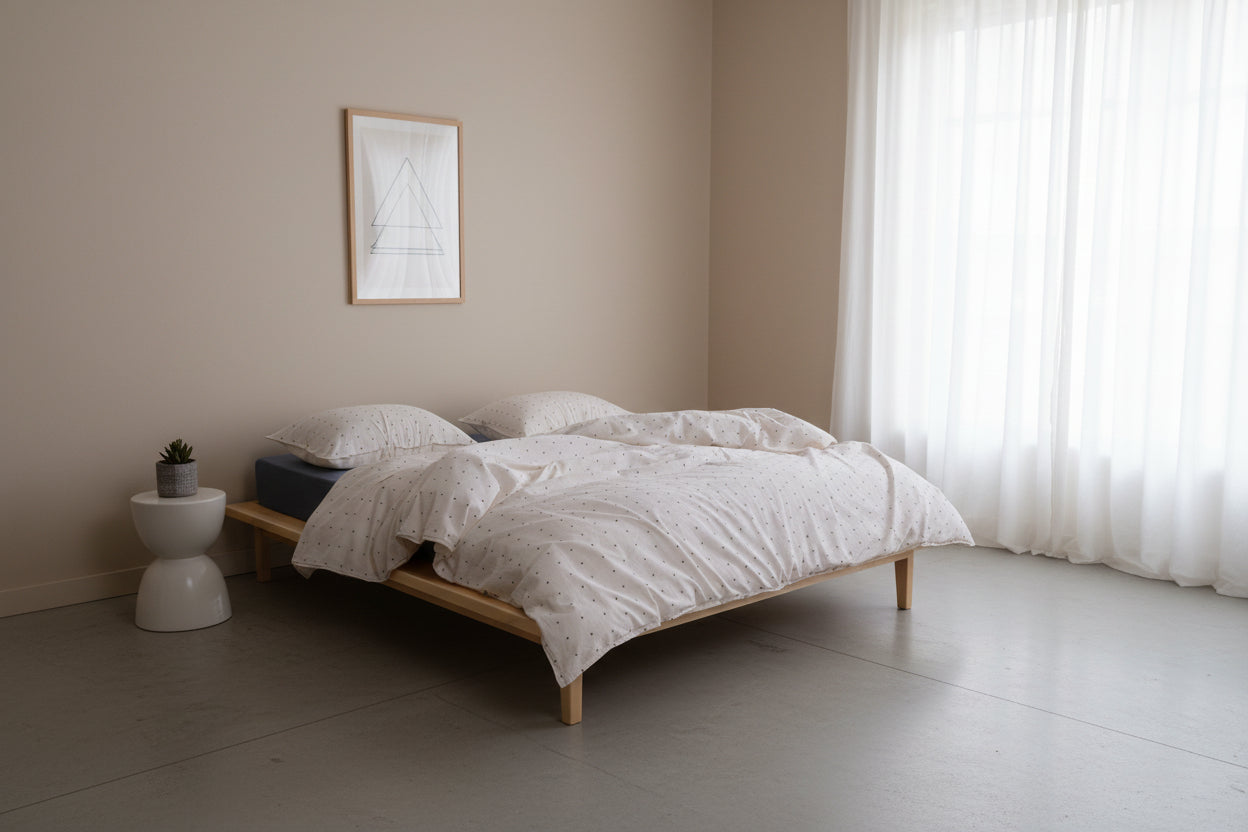 Natural speckled cotton duvet cover set styled on bed, garment washed fabric with soft texture and relaxed look