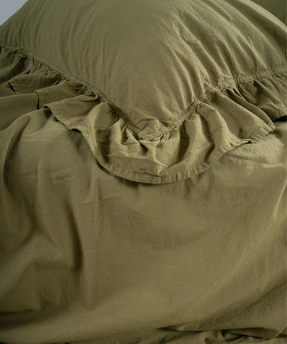 Olive green cotton pillowcase with envelope closure and ruffled trim