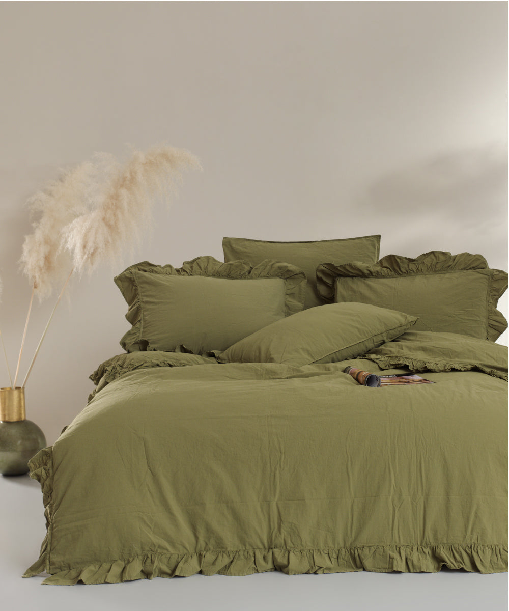 Exclusive Stonewashed 100% Cotton Duvet Cover Set - Olive