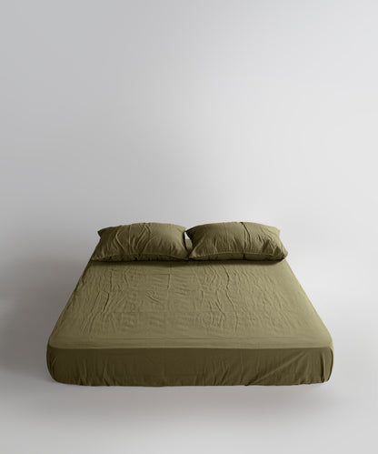 Stonewash 100% Soft Cotton Fitted Sheet Set Olive