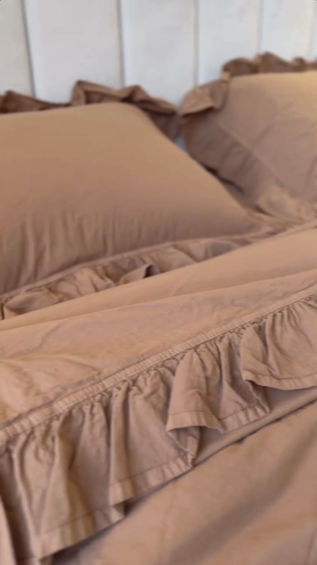 Product video showcasing stonewashed 100% cotton duvet cover set in wood smoke colour with soft ruffle details
