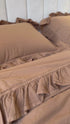 Product video showcasing stonewashed 100% cotton duvet cover set in wood smoke colour with soft ruffle details
