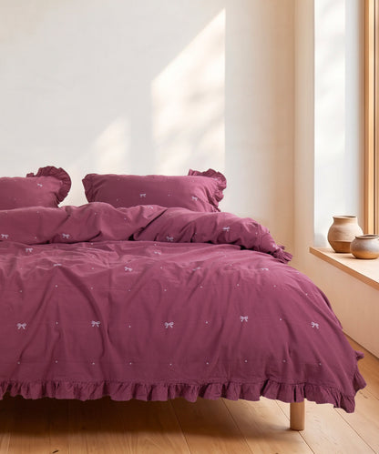 Stonewashed Ribbon Raspberry 100% Cotton Duvet Cover Set | Ruffled