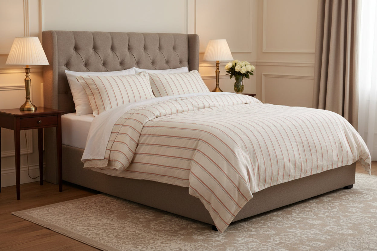 Rustic style UK bedroom with natural cotton duvet cover set and red stripes