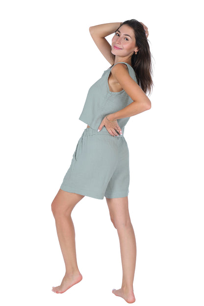 Loungewear Blouse-Shorts (Elastic and Pocket) Set – 100% Cotton Crepe Muslin (GAUZE) Comfortable Home Wear - Mint