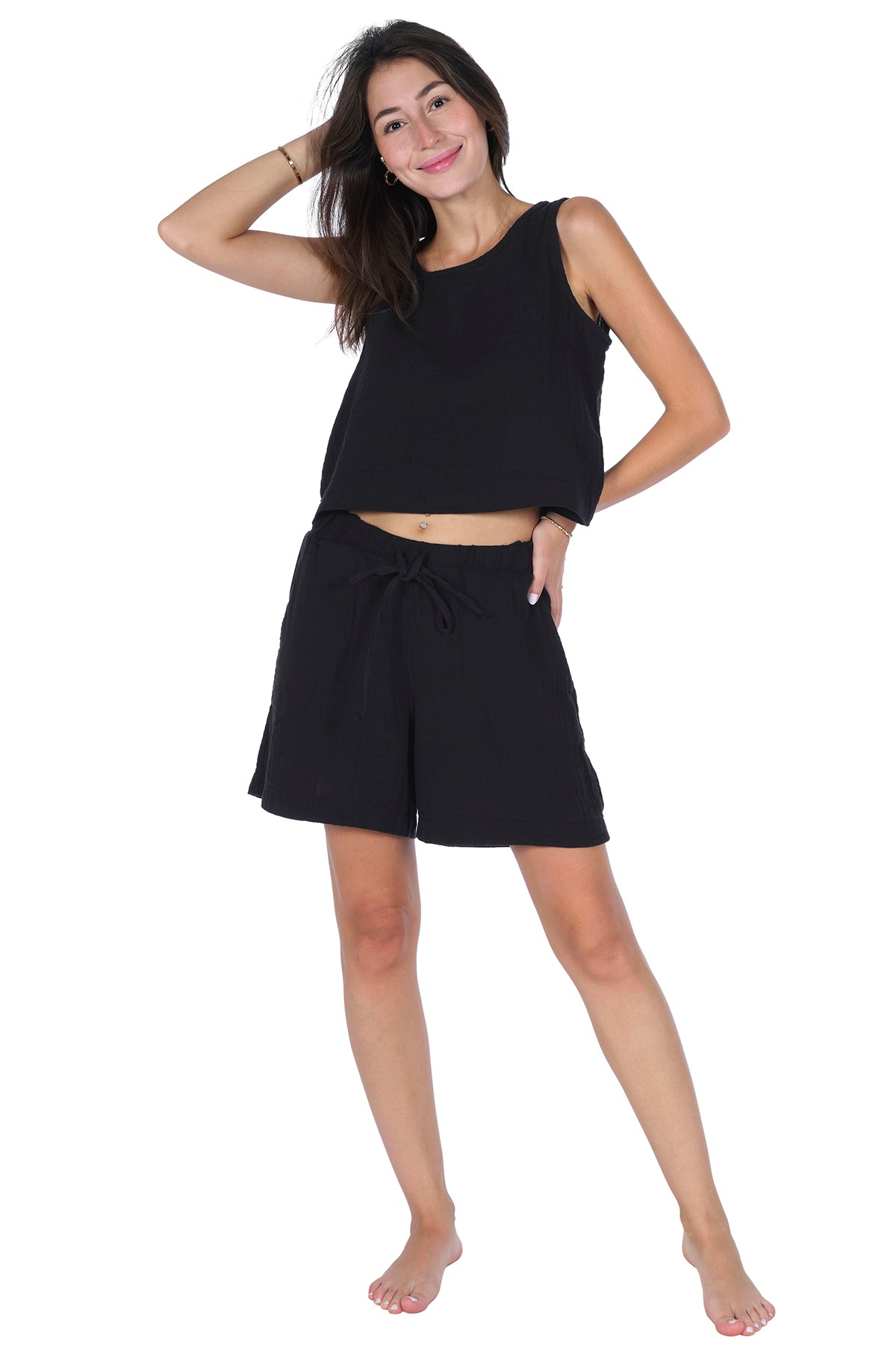 Loungewear Blouse-Shorts (Elastic and Pocket) Set – 100% Cotton Crepe Muslin (GAUZE) Comfortable Home Wear - Black