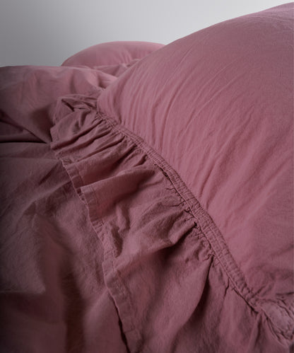 Ruffle edge detail on stonewash exclusive cotton duvet cover set in old rose