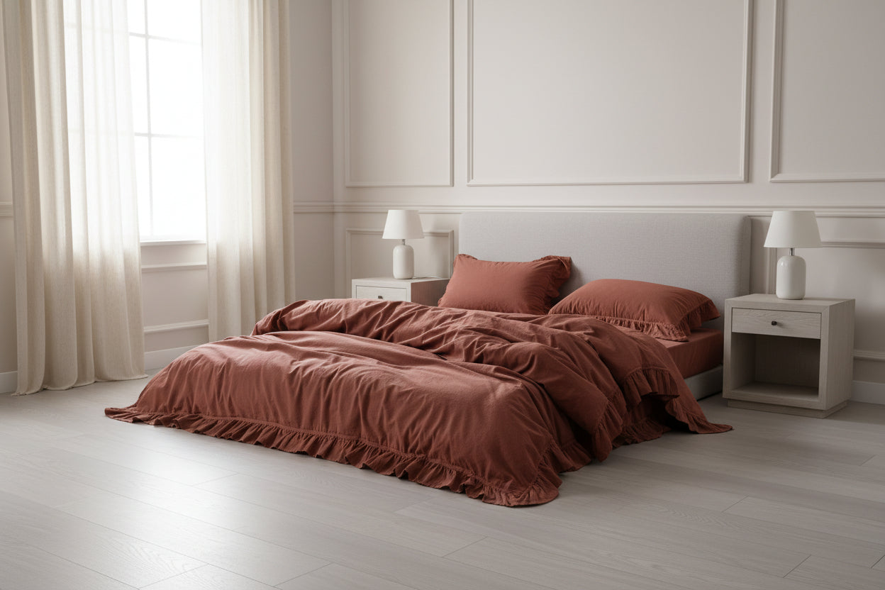 Stonewash exclusive duvet cover set in Cinnamon Stick colour photographed in natural light for warm bedroom styling