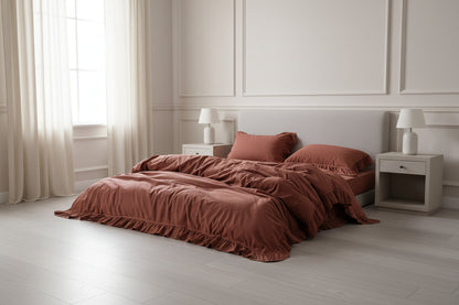 Stonewash exclusive duvet cover set in Cinnamon Stick colour photographed in natural light for warm bedroom styling